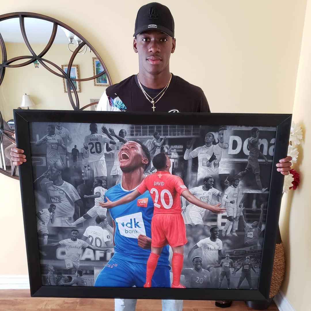 NickMavromaras's tweet photo. 18-19 was your first professional season &amp; a special one. Top scorer for @KAAGent &amp; Golden Boot at the @GoldCup for @CanadaSoccerEN! All your celebrations in 1 painting! You deserve it @its_davidoff16

Thanks @MoreauArt for your detailed &amp; extraordinary work! 

#NeverStopScoring https://t.co/vr7ghkmxOm