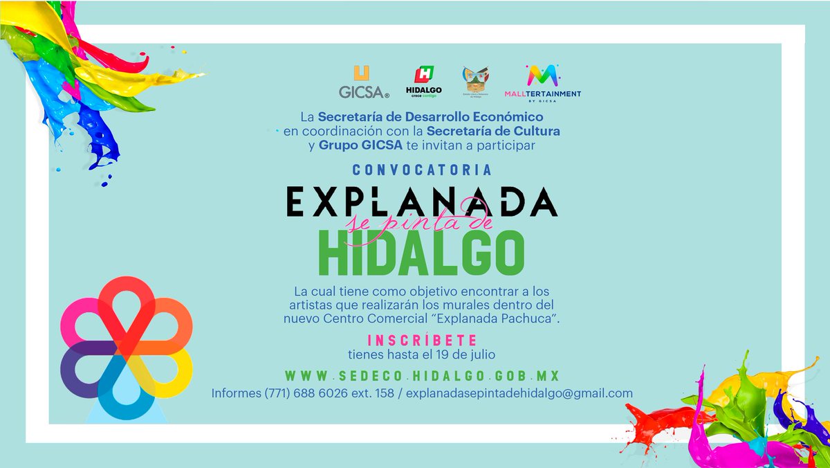 ¡Explanada se pinta de Hidalgo!, y estamos buscando a los artistas que quieran darle color, revisa las bases e inscríbete en sedeco.hidalgo.gob.mx  antes del 19 de julio.