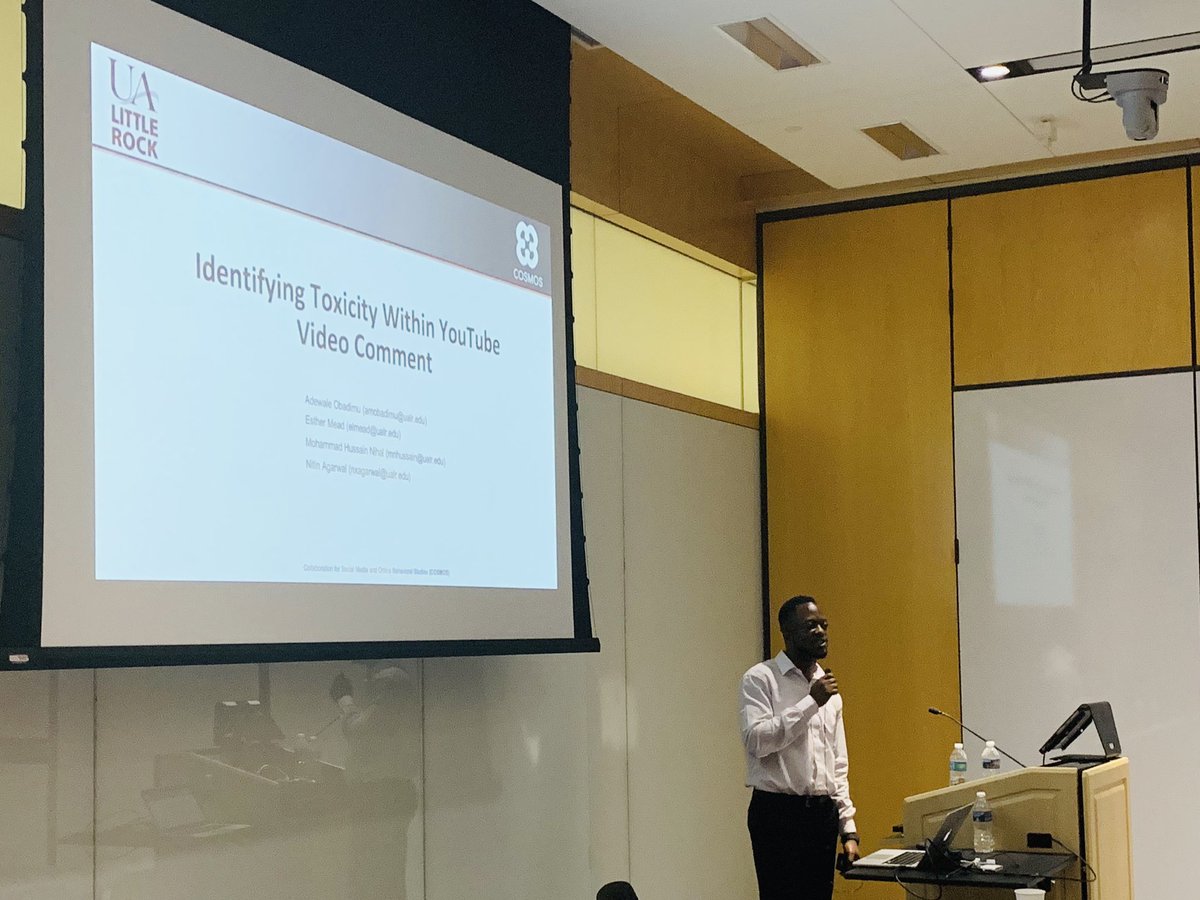 cosmographers's tweet photo. Adewale Obadimu delivers his talk “Identifying Toxicity Within YouTube Video Comment Text Data” - the full paper is published in the #sbpbrims proceedings. https://t.co/3XRNtvPj1Y