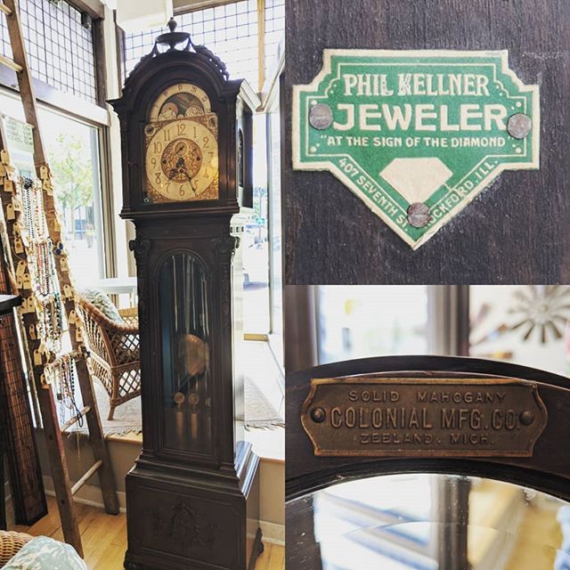 BehindTimeClock's tweet image. We transported a Grandfather clock today from a house to @salvagedbysonya's showroom. 
The clock is solid mahogony, manufactured by Colonial Mfg Co in Zeeland, Michigan.

It was sold from Phil Kellner Jeweler here in Rockford. 
The Jewelers' Circular, Vo… ift.tt/2xMzOQA