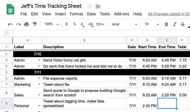 jeffbcross's tweet photo. If you are like me, and struggle with focusing on one task, try keeping a time log of everything you're doing throughout the day. 

For me personally, it creates a subconscious habit of ONLY doing what I say I'm doing at that time.

Feel free to copy mine: https://t.co/E0egfb2vGx https://t.co/q4AzIYpwMr