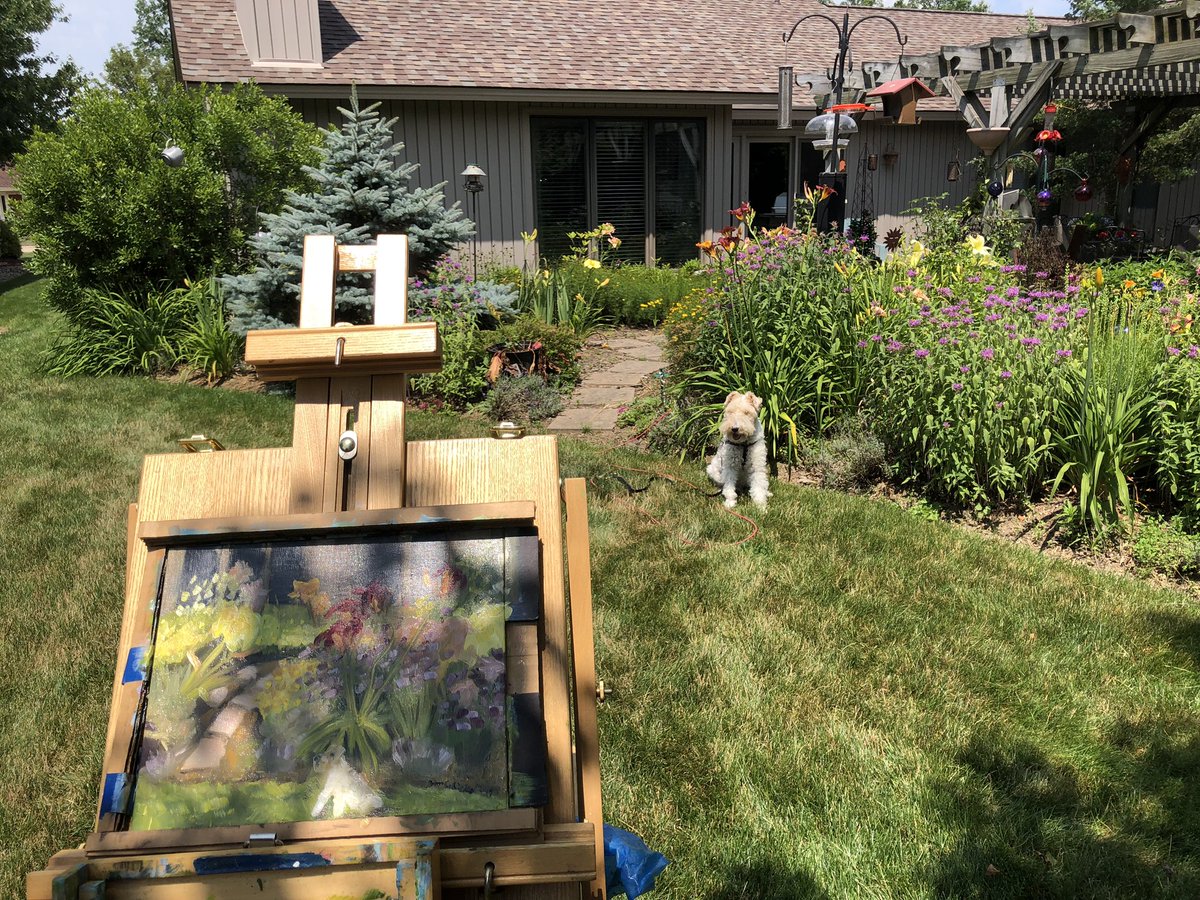 Jmschickel42's tweet photo. Pulled out the oil paints for a few hours this afternoon. Hot, but pleased with the outcome! #pleinairpainting #artteacher #developskill #create #share #wirefoxterrier #daylilylove https://t.co/c91gkkznH1