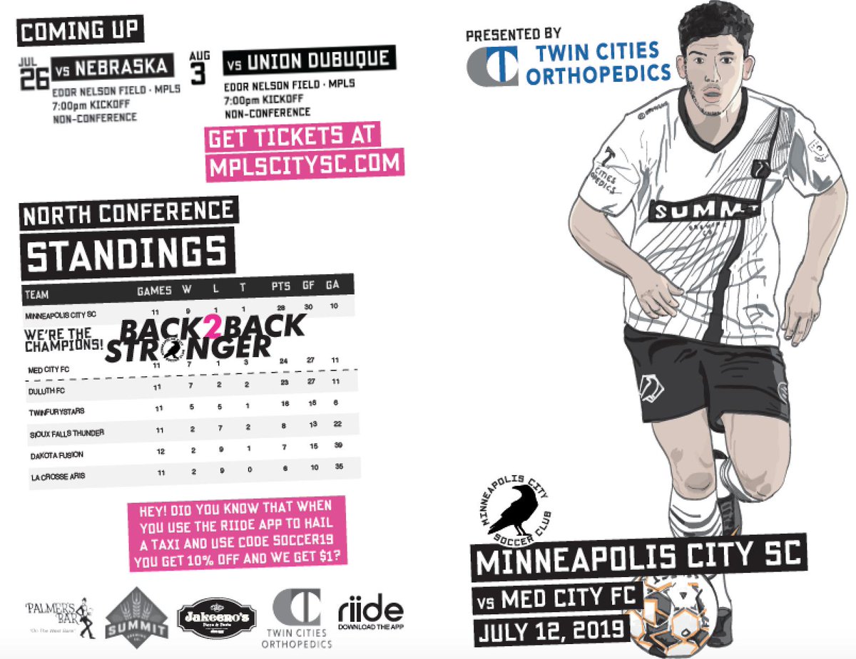mplscitysc's tweet photo. This was a satisfying program to update. #Back2BackStronger
Come party with us after the game tomorrow! We'll be at @MplsPalmers in force after the 7:00pm game against @MedCityFC celebrating our conference title. Hope to see you there. https://t.co/R6JOREaRUE