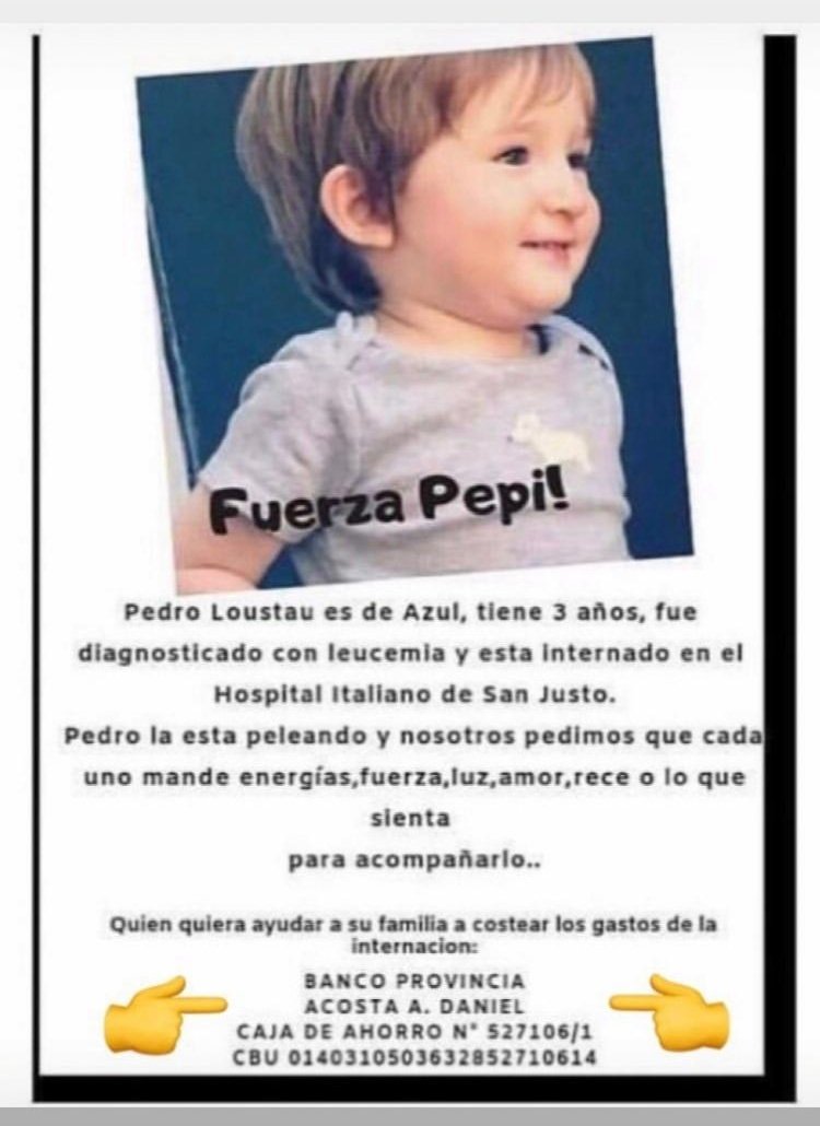 peralta_nico's tweet photo. Pedrito nos necesita a todos y su familia lo está llenando de amor para pasar este mal momento. Todos podemos aportar un granito de arena. ¡Fuerza Pepi! RT https://t.co/chlM3grj7f