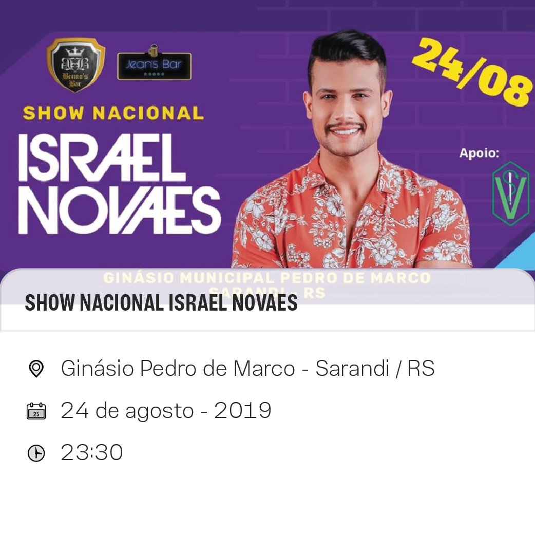 letsevents0's tweet image. Se liga nessa dica!
O Benno's Bar e o Jean's Bar trazem um super show com ISRAEL NOVAES!😍 Venha curtir essa noite incrível com a gente! 💙
Acesse lets.li/Show-Nacional-… e garanta já a sua participação.
#letsEvents #eventos #IsraelNovaes