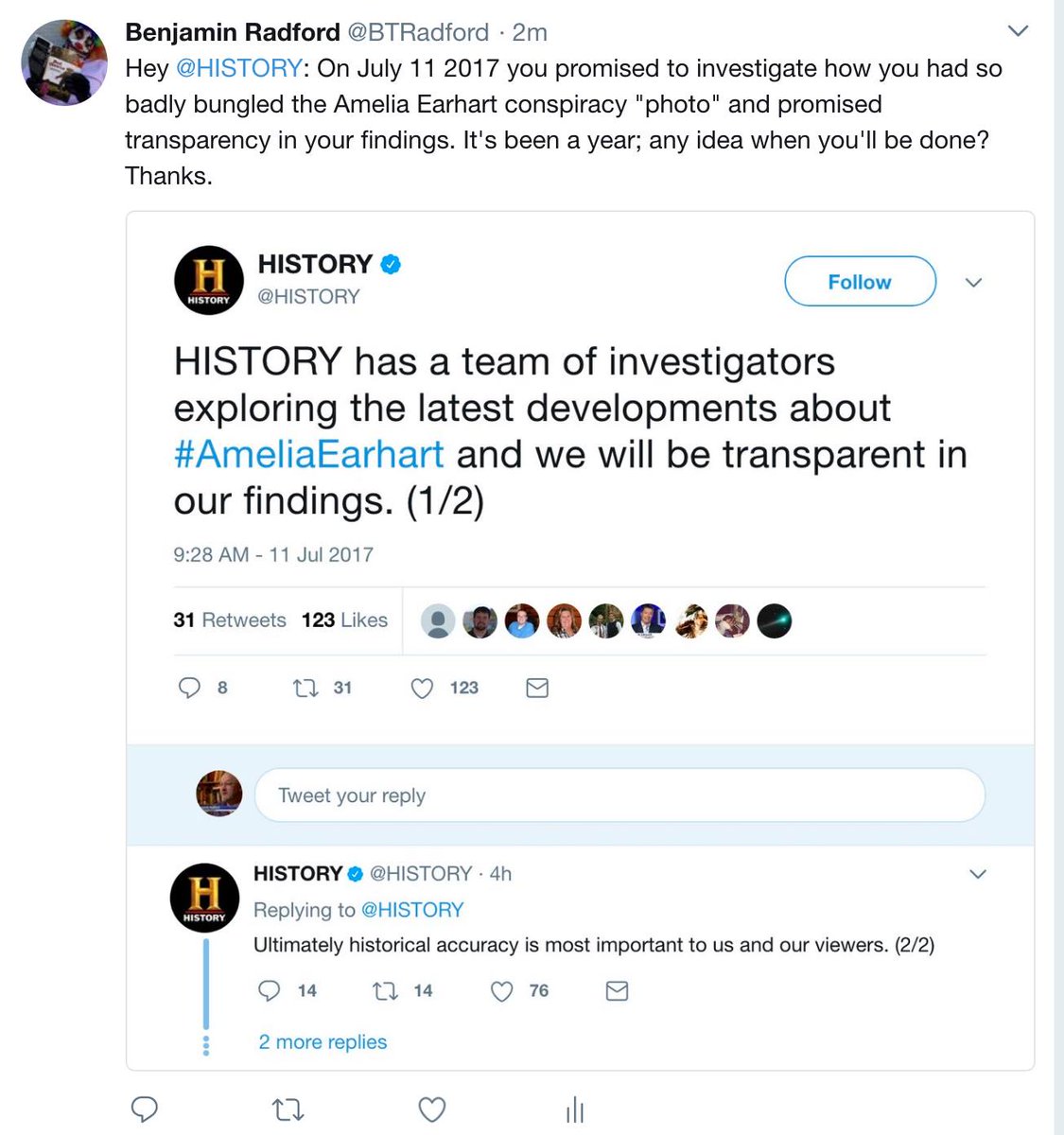 BTRadford's tweet image. Hey @HISTORY: Two years ago today you promised a "transparent" investigation into how your Amelia Earhart show went so spectacularly wrong with its easily-debunked photo claims. How's that coming? Any idea when you might be done looking into it? Thanks.