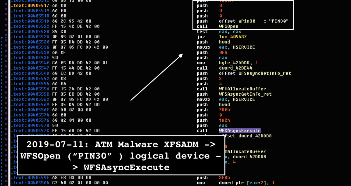 VK_Intel's tweet photo. 2019-07-11:π§#ATM #Malware Pin/PAN Card Offline #Skimmer #XFSADMπ³:
π―#Diebold/#Wincor Nixdorf
βοΈ:
WFSOpen("PIN30",...) | ("IDC30",...)
WFSAsyncExecute(...,WFS_CMD_PIN_GET_DATA, ...)
π°local storage '~pipe.tmp' ('xfs.log') 'PAN'+'data'
Ref: https://t.co/Fi7oKerkId
h/t @r3c0nst https://t.co/VUrIX6gKjA