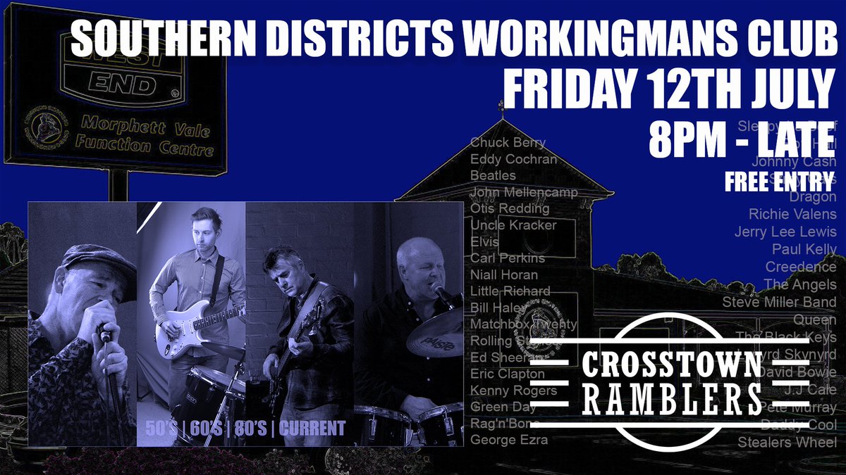 CTRamblers's tweet photo. Crosstown Ramblers live at the Southern Districts Workingmans Club tonight 8PM - Free Entry #adelaidemusic #adelaide #adelaide #livemusic #adelaidelivemusic #livemusicadelaide https://t.co/cD9G6m1rMm