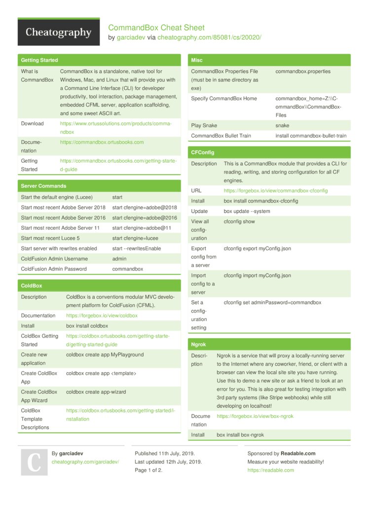 Cheatography's tweet image. New Cheat Sheet! CommandBox by garciadev cheatography.com/garciadev/chea… #cheatsheet #coldbox #commandbox