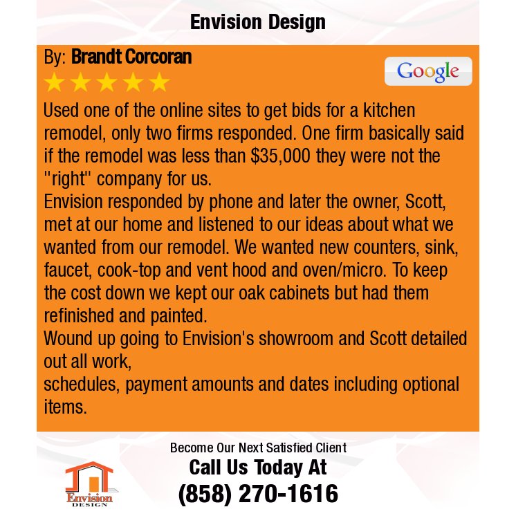 EnvisionSD's tweet photo. 5 Star: Brandt C. "Used one of the online sites to get bids for a kitchen remodel, only two firms responded. ..." https://t.co/L11IDfrqX6 https://t.co/PY9YqTsaWI