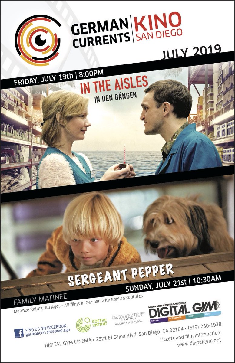 Germancurrentsd's tweet photo. 🌞⛱️ Our summer movies are here! Please mark your calendar for our July screenings:
Friday, July 19, 8:00 PM: “IN THE AISLES (“IN DEN GÄNGEN“)
Sunday, July 21, 10:30 AM (Family Matinee): "SERGEANT PEPPER"
🎟️ Tickets: https://t.co/SmOdFxsGKH @DigitalGymSD @GI_LosAngeles https://t.co/tQWoPyWcoV
