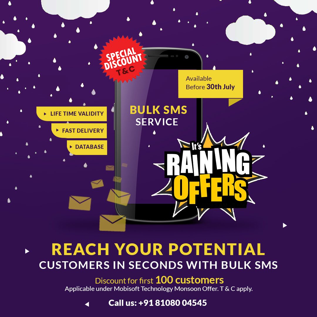 mobisoftindia's tweet image. A raining discount for the first 100 customers from 12th July to 30th July.
Sign up now to inquiry more: mobisofttech.co.in/enquiry
Or call 8108004545/ 9324942402
.
.
.
.
#MonsoonOffer #BulkSMS #MobisoftTechnology