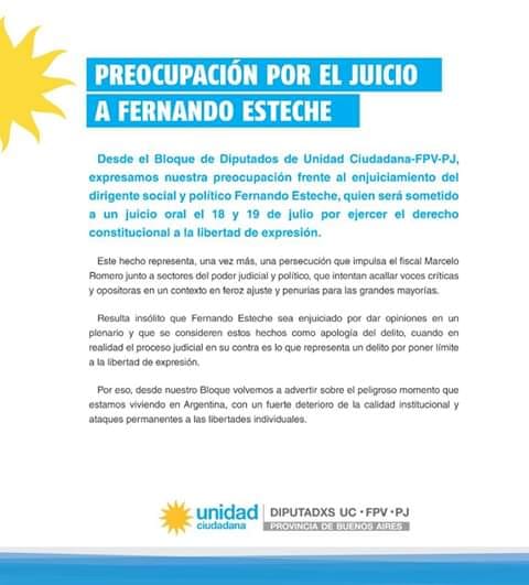 14capo's tweet photo. Ante el inminente juicio a Fernando Esteche el 18 y 19 de julio, pronunciamiento de Bloque de Diputadxs UC-FPV-PJ de Provincia de Buenos Aires.

#LibertadAFernandoEsteche
#LibertadATodxsLxsPresxsPolíticxs 
#KicillofConTodos https://t.co/AQQ1fekKv0