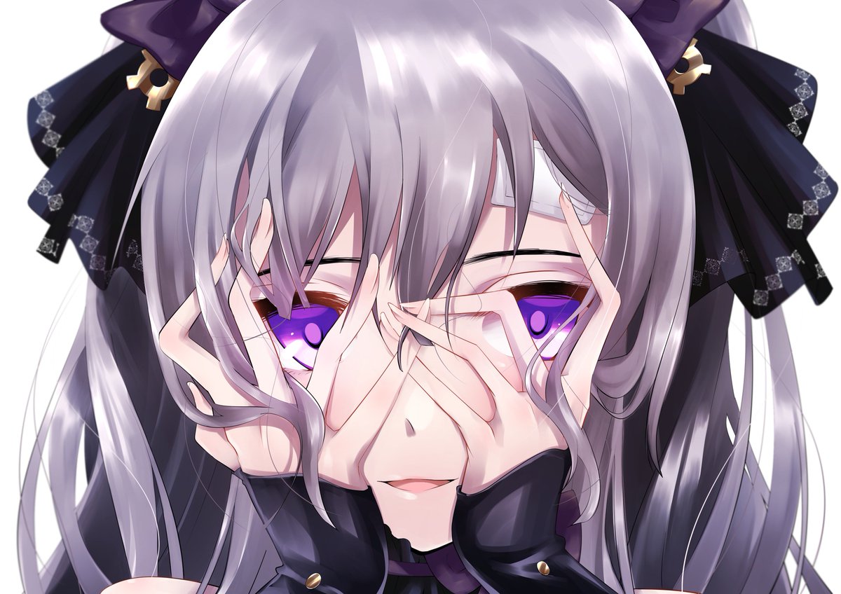 yukoku kiriko 1girl solo purple eyes white background hands on own face grey hair long hair  illustration images