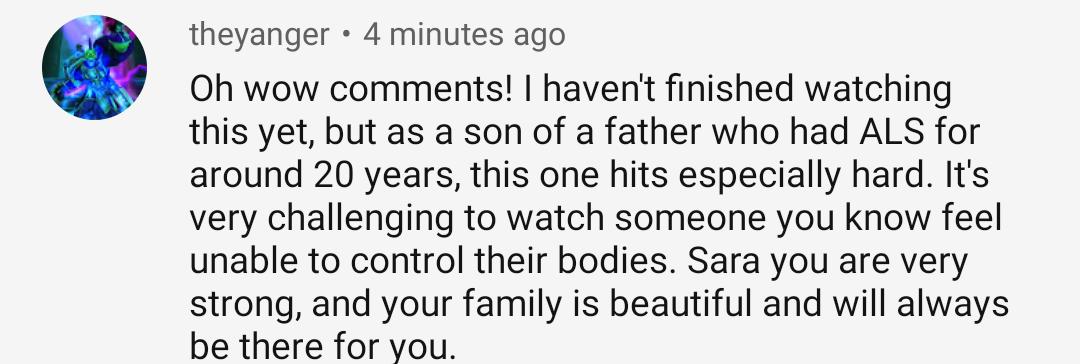 chrisulmer's tweet image. Tonight I shared an interview of an adult with ALS. Within minutes out comments were once again disabled. I screenshot a few of the comments before this happened. @YTCreators why are you so dedicated to preventing this type of dialogue? Please advise.