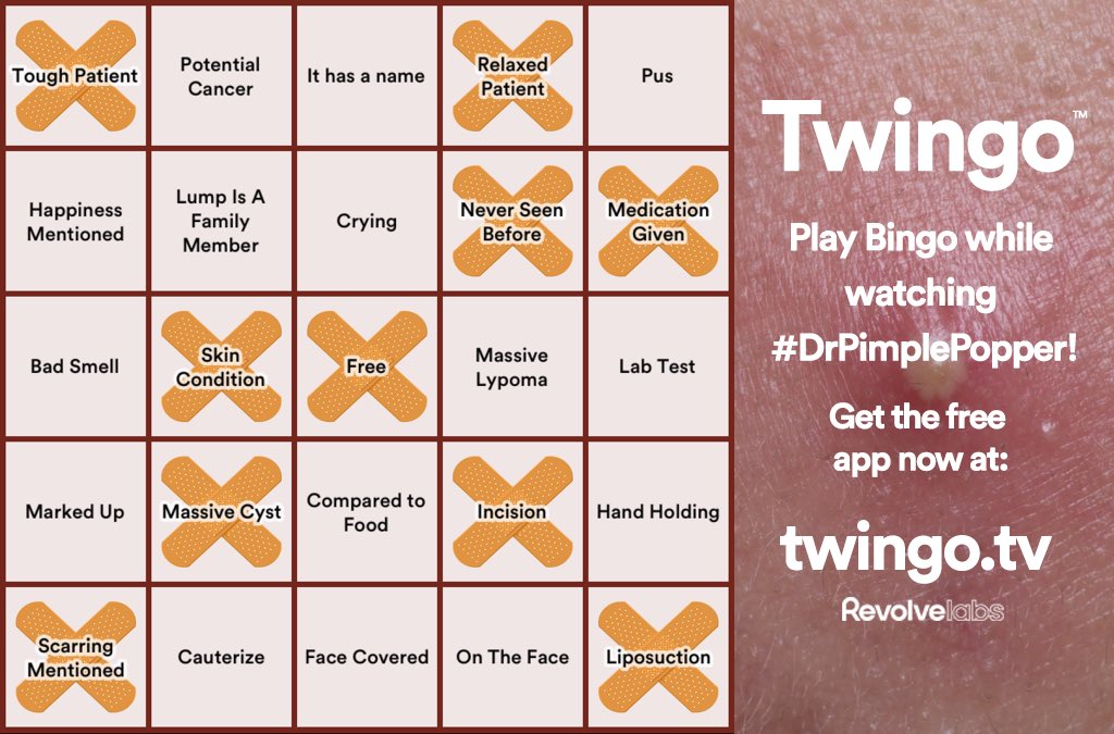 You asked for it! OK, not really, but here it is anyway 😆
#DrPimplePopper Bingo for the  Twingo Bingo app from Twingo.tv
