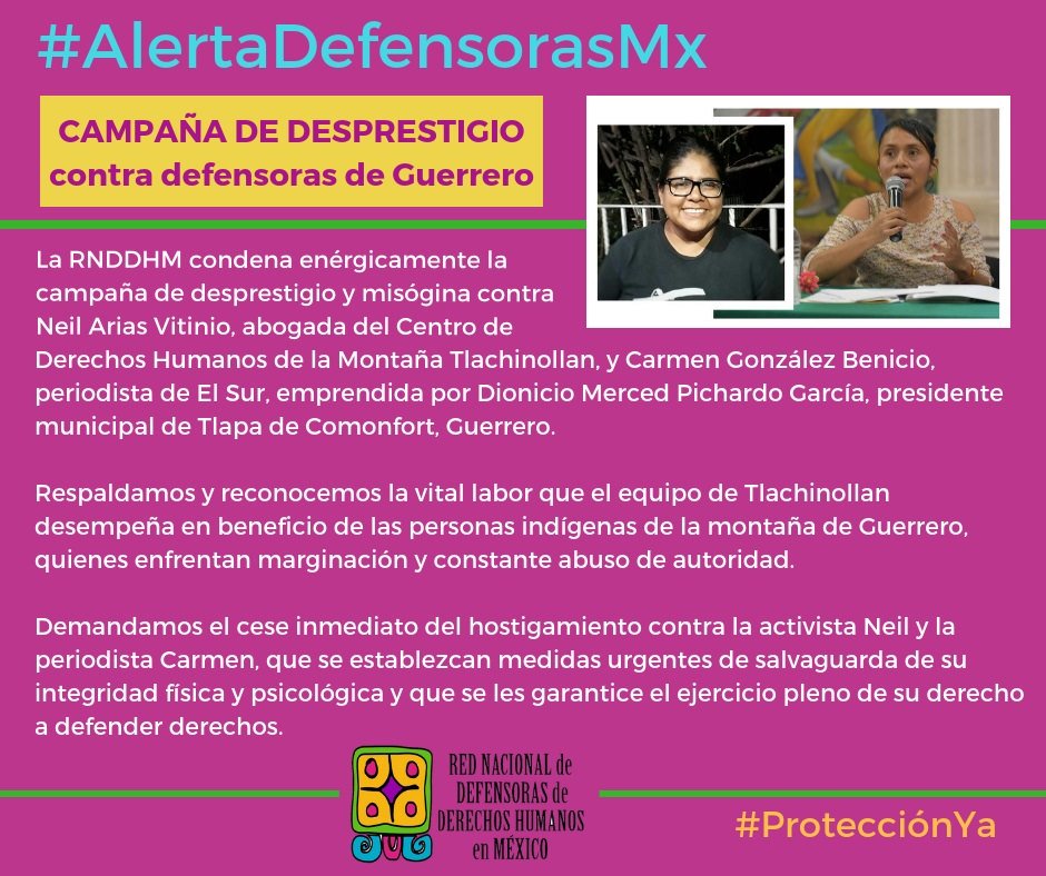IM_Defensoras's tweet photo. 📢⚠️🆘#AlertaDefensorasMx @RedDefensorasMx: Campaña de desprestigio contra defensoras de Guerrero @Tlachinollan @elsurdeguerrero
▶️https://t.co/lss2jk3dl2
@ForstMichel @CNDH @ONUDHmexico @ONUMujeresMX #ProtecciónYa https://t.co/6qFgIN2rFx