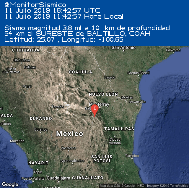 MonitorSismico's tweet photo. #Sismo M 3.8 54 km al SURESTE de SALTILLO, #COAH 11-07-2019 16:42 UTC https://t.co/kpEwkvY4Be #Mexico #SSN https://t.co/A4P3ixbQFv