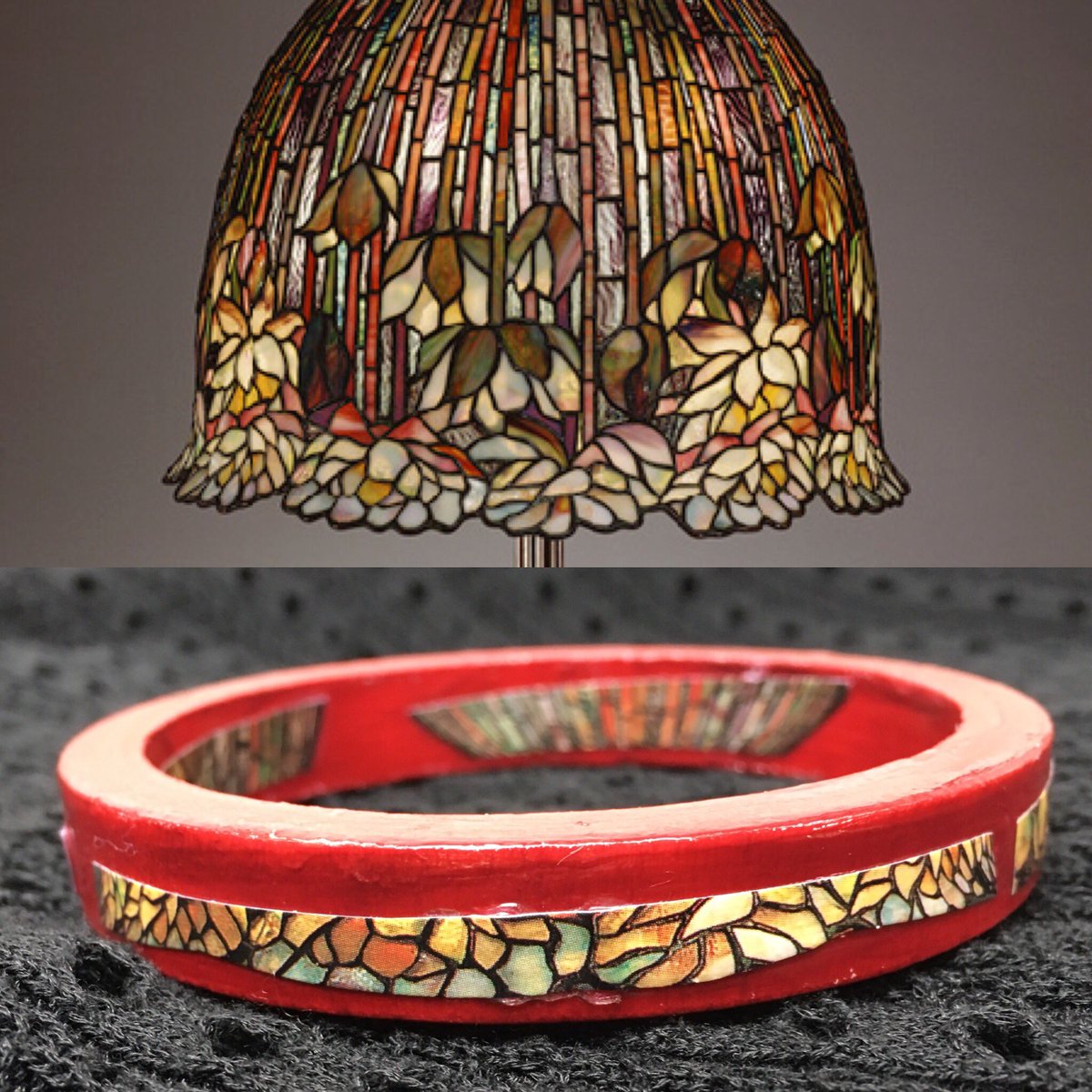 TheFunkyTrunk1's tweet photo. #sold #flat #red/magenta #bangle with #artinspired #detail from #Tiffany #lamp #tiffanylamp ! Its #BlueGreen counterpart featuring details from #louiscomforttiffany #mosaic is still available on #Etsy https://t.co/sgDOD5yOTM https://t.co/tuTGqbduy3