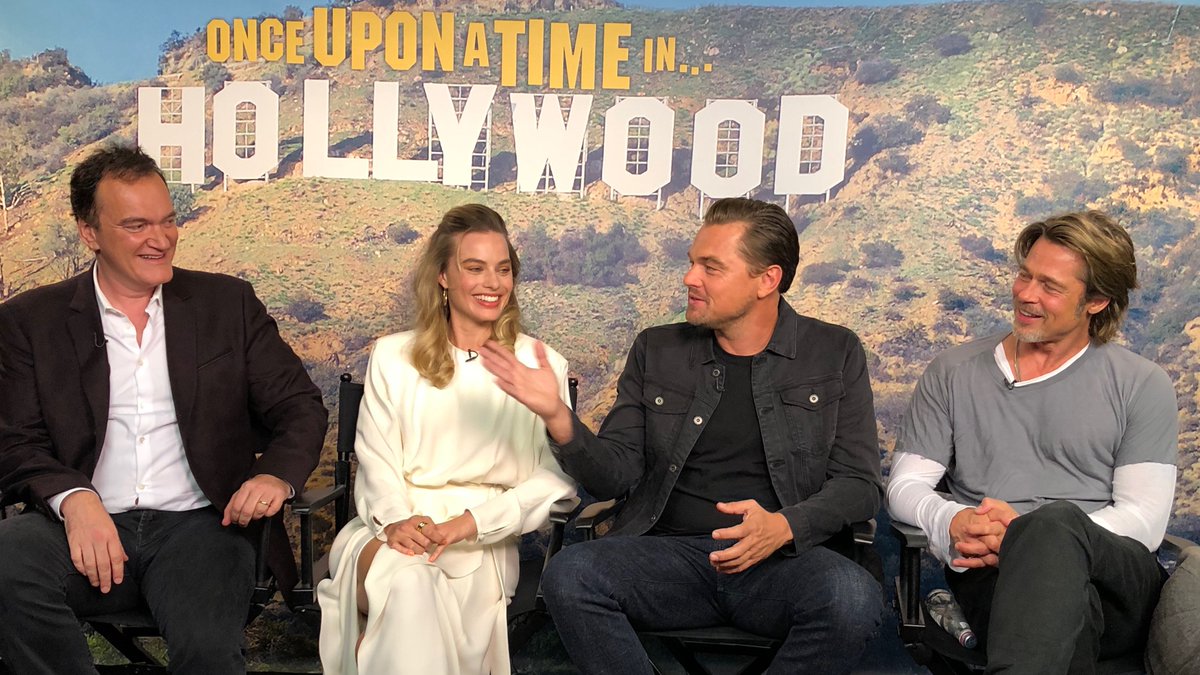 happilyever's tweet photo. Join us for a Q&amp;A with #OnceUponATimeInHollywood's @LeoDiCaprio, Brad Pitt, @MargotRobbie, and Quentin Tarantino - watch now: https://t.co/qxbSaK0qgG https://t.co/dbNIH7dkMz
