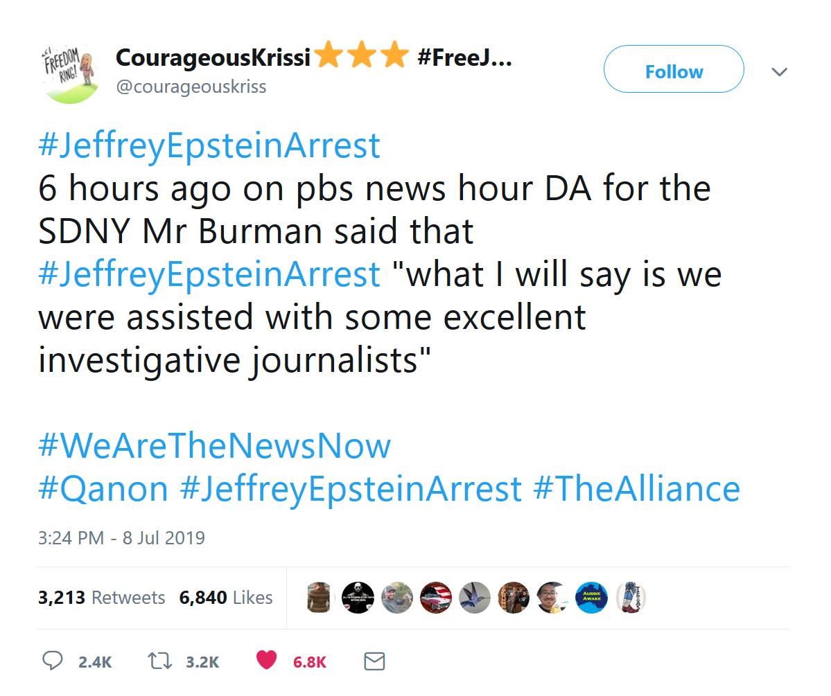 DA for the SDNY Mr Burman said that  #JeffreyEpsteinArrest "what I will say is we were assisted with some excellent investigative journalists"You didn't think all this research tasking was for nothing did you?Q #QAnon  #WWG1WGA  #GreatAwakening  #DarkToLight  #Epstein  #SDNY