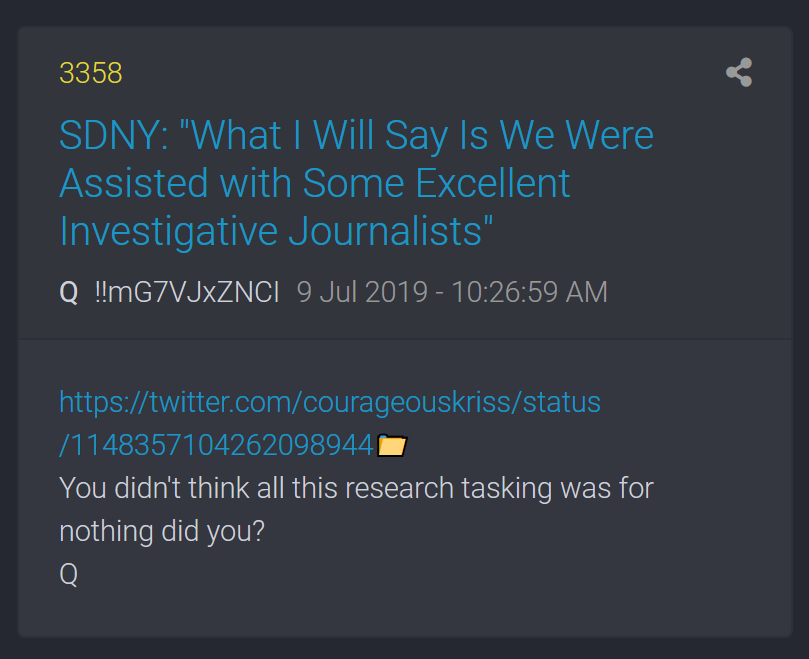 DA for the SDNY Mr Burman said that  #JeffreyEpsteinArrest "what I will say is we were assisted with some excellent investigative journalists"You didn't think all this research tasking was for nothing did you?Q #QAnon  #WWG1WGA  #GreatAwakening  #DarkToLight  #Epstein  #SDNY