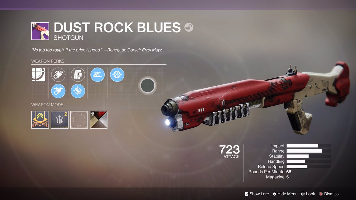 AwayonMarz's tweet photo. Finally got a god roll!!! #destiny2 #duskrockblues #godroll #shotgun #minichap https://t.co/Ek25Kg8u5c