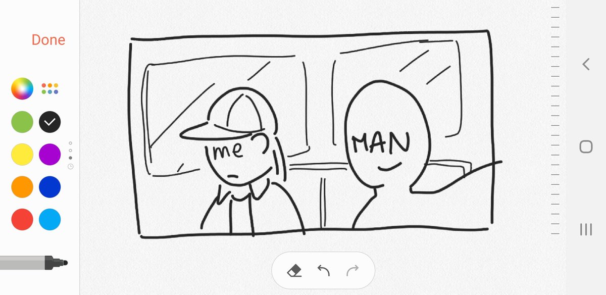 a man sitting next to me on the skytrain was taking selfies of himself in landscape orientation and kept including me in the photo as shown in my drawn example?? he took a couple photos and i really should have said something but it was bizarre and unnerving 