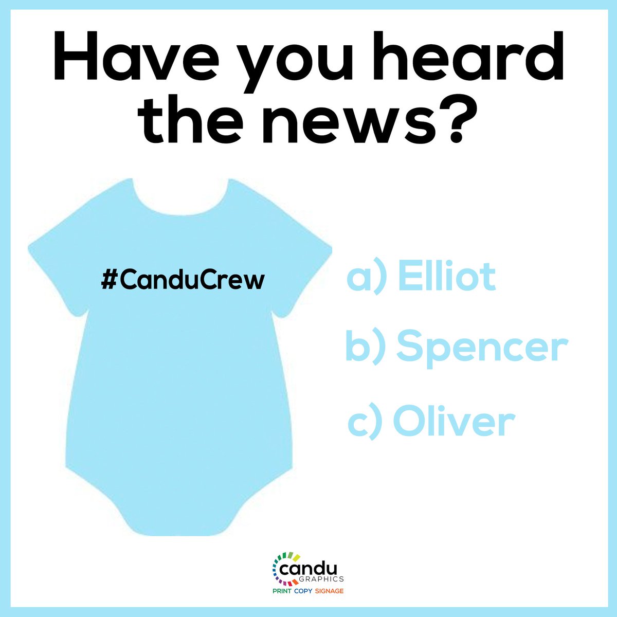 Candu_Graphics's tweet photo. Have you heard the wonderful news?! 😮😮😮
Our #CanduCrew member Katie will be adding +1 to our Candu family, and we are so excited! 🍼🎉😃
What name do you think she should choose? 🍼😃 Comment below!
#ComingInJanuary #ItsABoy https://t.co/ydvyYSBSLP