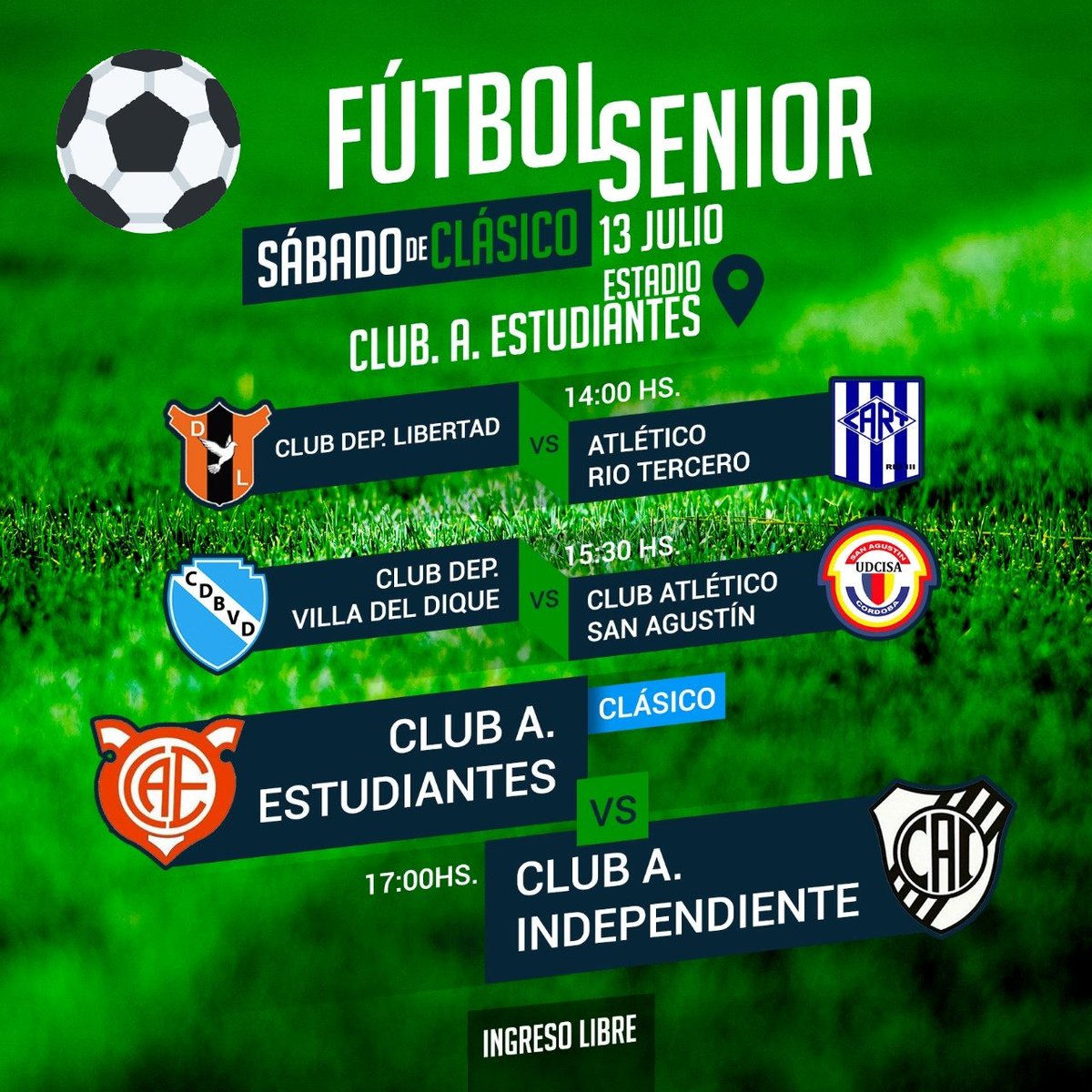 ClubCAE's tweet photo. Este sábado 13/7 hay Clásico de Fútbol Senior en nuestro Estadio!!! Todos a la cancha!!! https://t.co/gMsjt7imK7