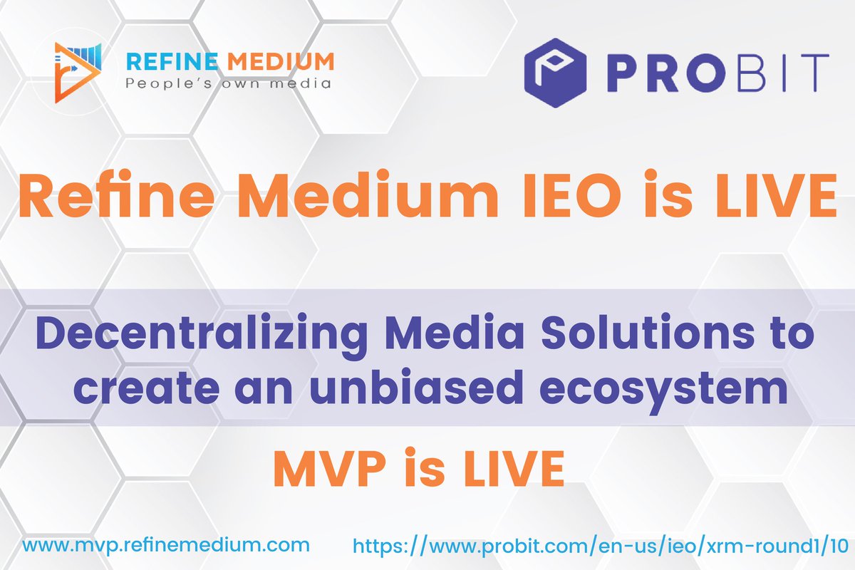 #RefineMedium #IEO is #Live on <a href="/ProBit_Exchange/">ProBit Global</a> !
Participate to get upto 35% #BONUS #tokens !

Refine Medium #TokenSales Events;
Chance to get rewards from a pool of 120,000 #XRM tokens!

Refine Medium #MVP is Live!

Refine Medium #AIRDROP events are live!

#ICO #cryptocurrency