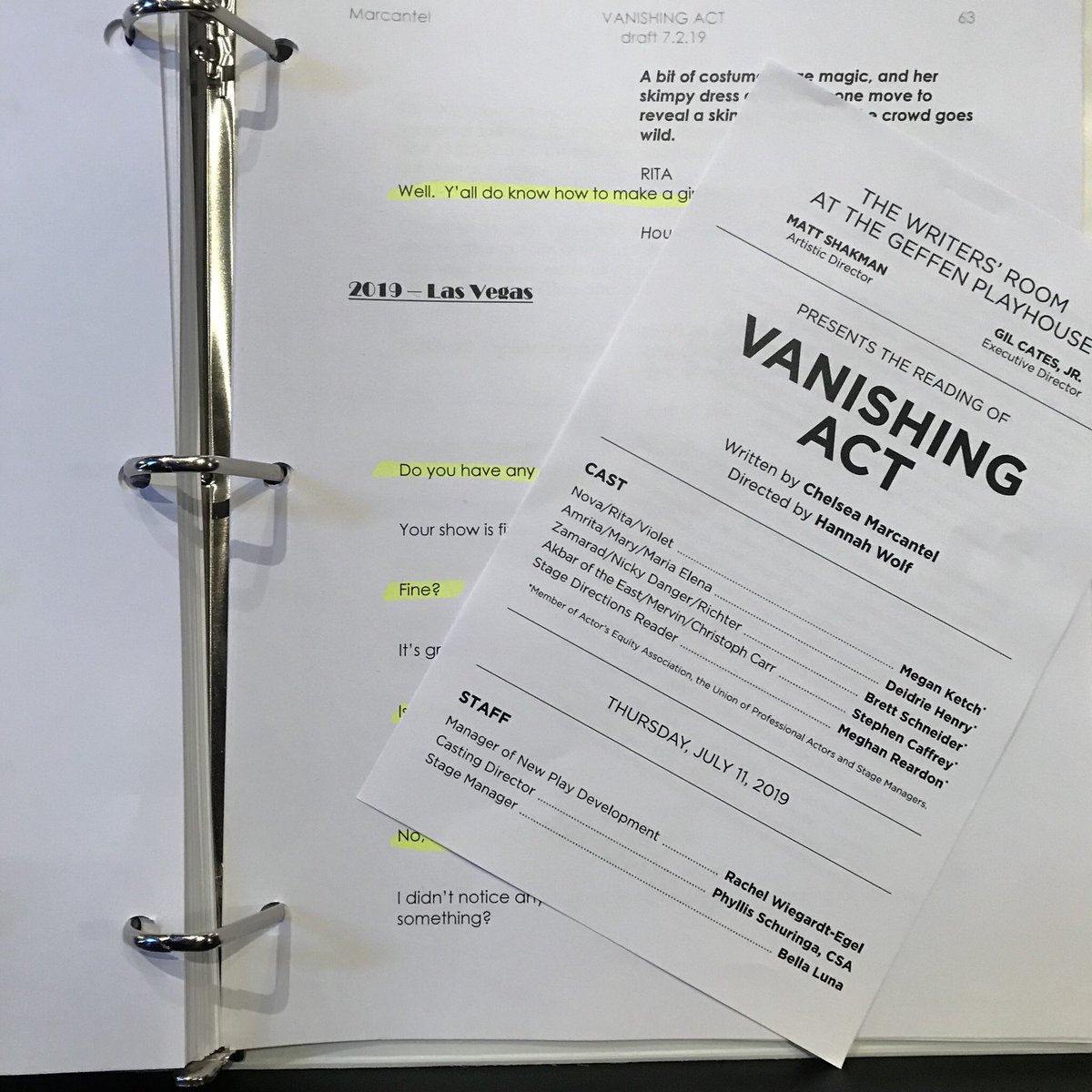 GeffenPlayhouse's tweet photo. Today in one word was magical. We heard our second Geffen Playhouse The Writers Room reading, Chelsea Marcantelโs new play, Vanishing Act. Bravo Chelsea! ๐๐๐๐๐
#WritersRoomGP #supportnewplays #LAplaywright #lathtr #glassceilings #glasscoffins #mystery #power #serendipity https://t.co/yq5Z3LEDt9