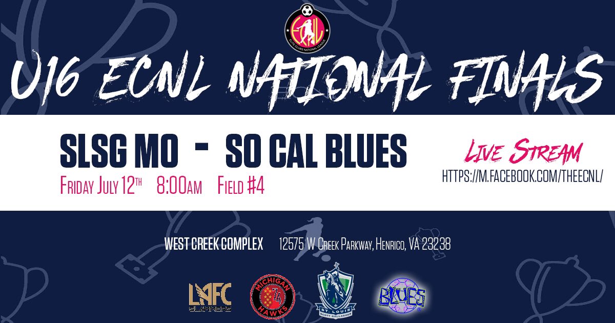 The <a href="/theECNL/">The ECNL</a> National Final kicks off at 8am EST. 
Tune in and watch the u16 @SLSGMOECNL v <a href="/socal_blues/">SoCal Blues Soccer Club</a> LIVE on ......
m.facebook.com/theECNL/
