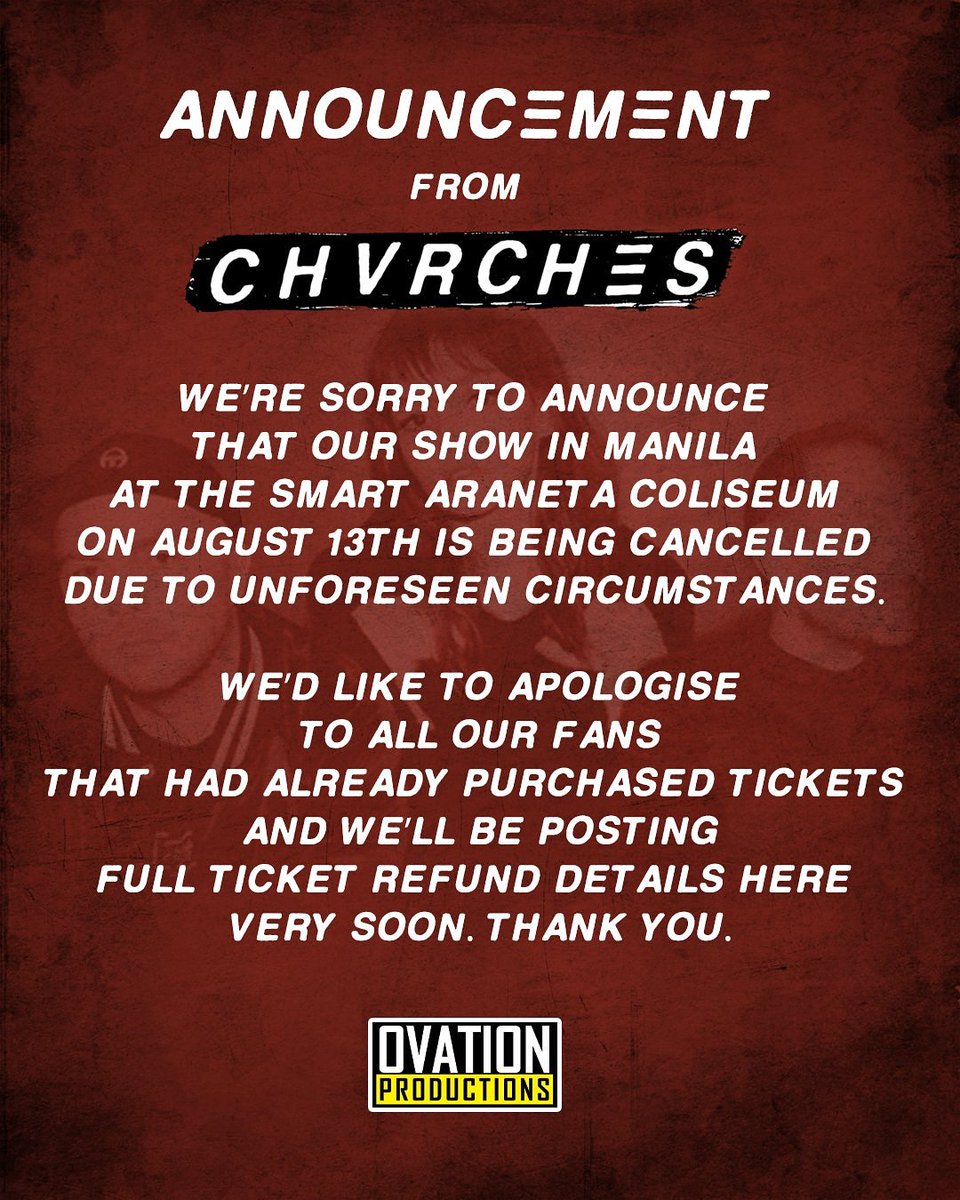 SoundCheckMNL's tweet photo. #Chvrches @CHVRCHES announcement from @ovationprod
#CHVRCHESMNL #OVATION40 https://t.co/hU0L5LqQ5V