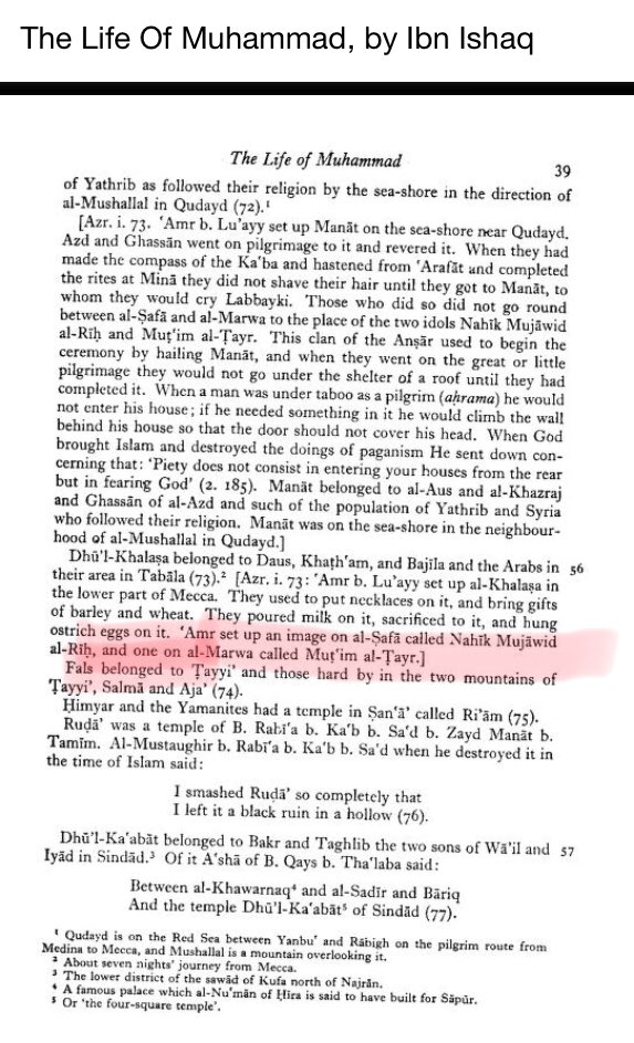 56/n The same idol is spoken about by Ishaq in his masterpiece “Life of Muhammad”. ’Amr set up an image on al-bafa called Nahlik Mujawid al-Rih and one on al-Marwa called Mut’im al-Tayr.’Reference in Snippet.For heaven’s sake pl tell me why we don’t find them?