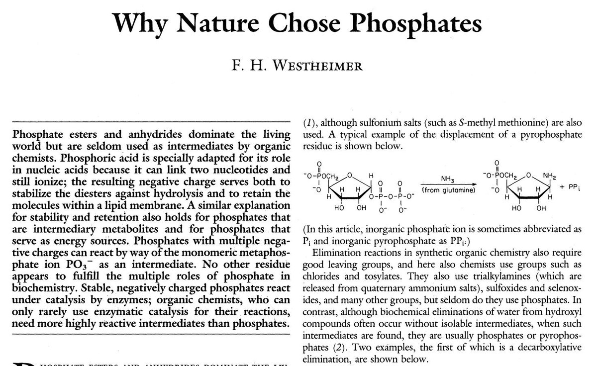 One of my all-time favorite papers which I first read and presented in graduate school. A profound argument for why life chose phosphates rather than sulfates, carbonates or something else, based on elementary physical and organic chemistry principles. archives.evergreen.edu/webpages/curri…