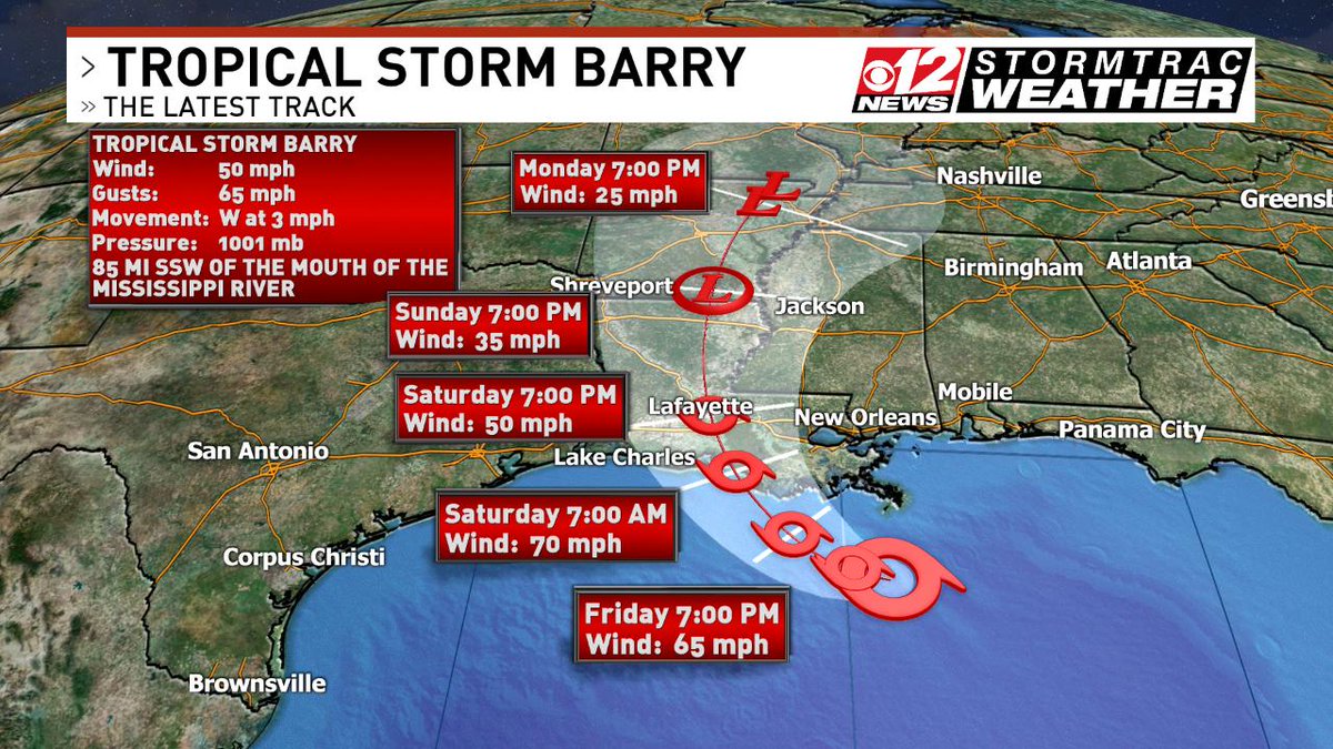ErinSaidItWould's tweet photo. Barry is slowing down, but gaining strength. Whether a tropical storm or hurricane by Saturday's landfall, it will still bring widespread heavy rain and flooding. @CBS12  posts tropical updates at https://t.co/PdLc2JFrWd https://t.co/ZQY1bqD9sM