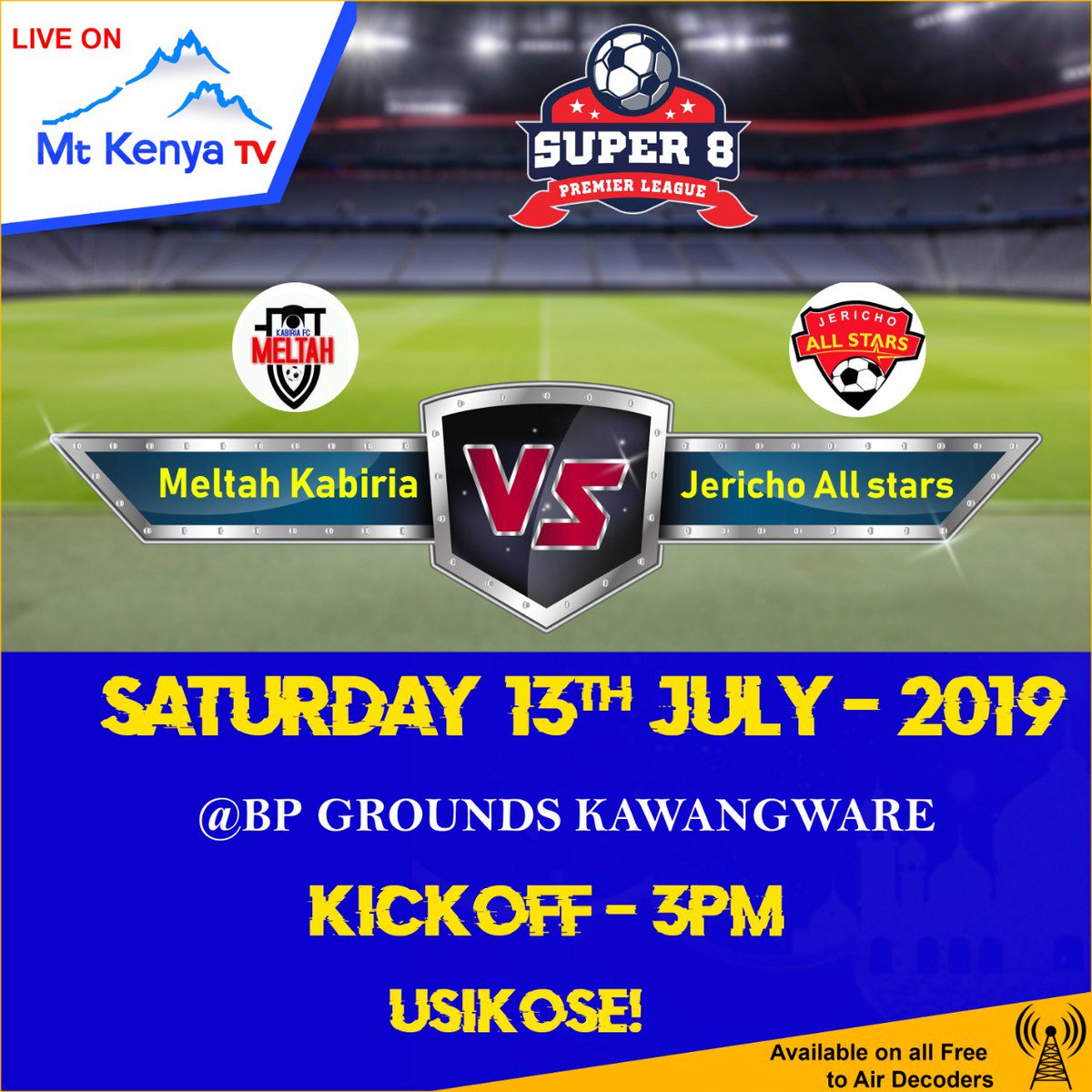 We begin the second leg tomorrow, Saturday 13th July, against Melta Kabiria away in Kawangware, BP grounds. 
The match will be LIVE on Mount Kenya TV so those who'll not make it to Ongwaro and for those in the diaspora, you can follow proceedings from the comfort of your homes.