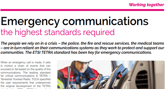 ETSI_STANDARDS's tweet photo. People we rely on in a crisis - police, fire &amp; rescue services, medical teams - are in return reliant on their communications systems as they work to protect and support our communities. Read the article in p17 of our Magazine #EnjoyETSIMag https://t.co/qvzow8AOKS https://t.co/zlcUyqgS6q