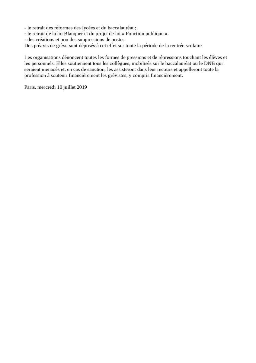 SNFOLCBordeaux's tweet photo. Communiqué de presse intersyndical du 10 juillet
#greveexamens2019 #bac2019 #retentiondesnotes #LeChaosBlanquer #stopmepris #stopblanquer #ServicePublic #EducationNationale
https://t.co/9tfAYRCGDc https://t.co/RKj5P5aDuL