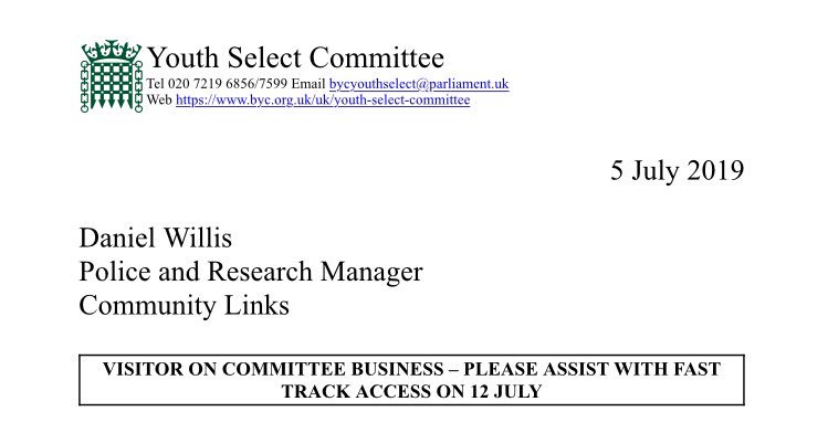 DanielW_CL's tweet photo. Heading to Portcullis House this morning to give evidence to the Youth Select Committee on how to tackle youth violence, drawing on extensive research and service delivery by @Comm_Links and @Catch22. https://t.co/cUT0d0gjpw