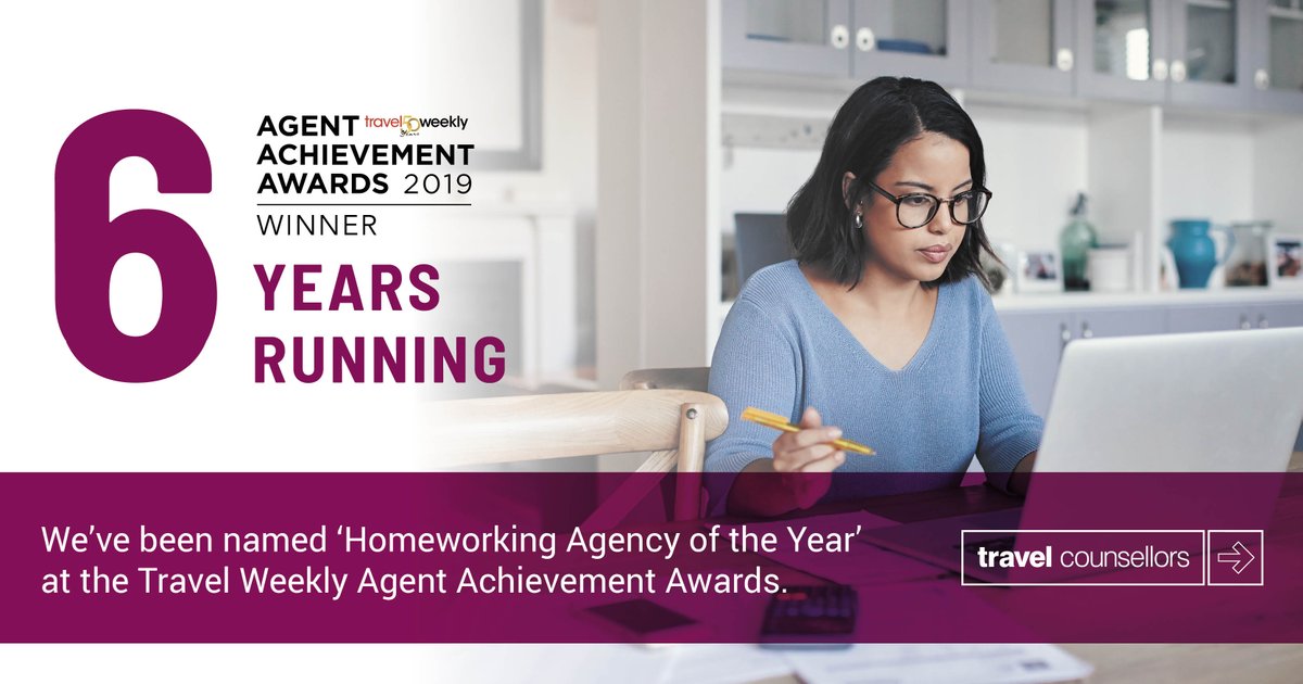 I'm delighted to announce that Travel Counsellors has won Best Homeworking Agency of the Year at the Travel Weekly Agent Achievement Awards 2019, for the sixth time!. Thank you for all of your support.