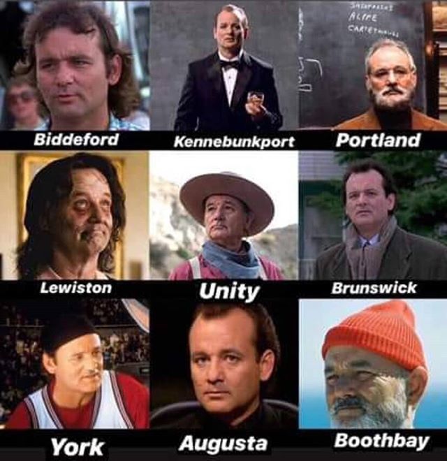 bjeane7's tweet photo. Bill Murray as various Maine cities. #billmurray #maine #kennebunkport #portlandmaine #unitymaine #yorkmaine #augusta #biddeford #lewistonmaine #boothbay #brunswickmaine https://t.co/3ZPdbrLh6W https://t.co/rVVaBKYBws