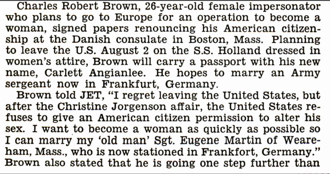 1953 article about a not so well known Black trans woman. I wish I knew more about her. I wonder if she ever got to go to Europe and transition...