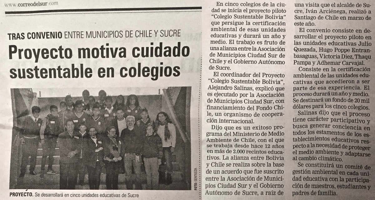 polosaavedra's tweet photo. Iniciativa de Colegios Sustentables en Bolivia obtuvo el interés y cobertura de diversos medios, acá una muestra de un diario local (Correo del Sur).
FONDO CHILE -Asociación de Municipios Ciudad Sur con apoyo del Gobierno Autónomo Municipal de Sucre y la ONG CEADL en Bolivia. https://t.co/kA0LoHt7aH