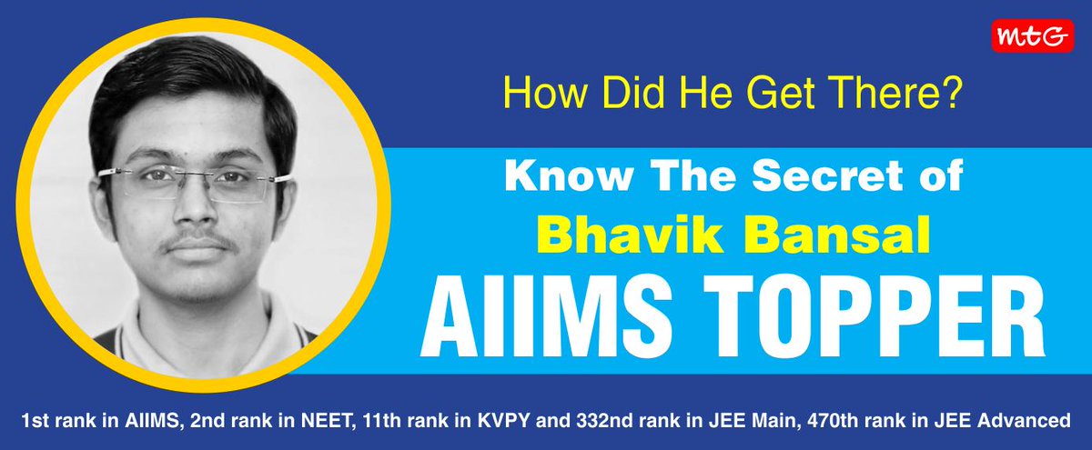 MTGBooks's tweet photo. The child of #Delhigovernment employees, #BhavikBansal is the first person in his family to pursue medicine as a #career. Aspiring to be a medical researcher, Bhavik Bansal, he considers #NCERT as the Bhagavad Gita for #medicalpreparations. https://t.co/2tUZPjx1Sv
 
#AIIMSTopper https://t.co/axlTF09x5K