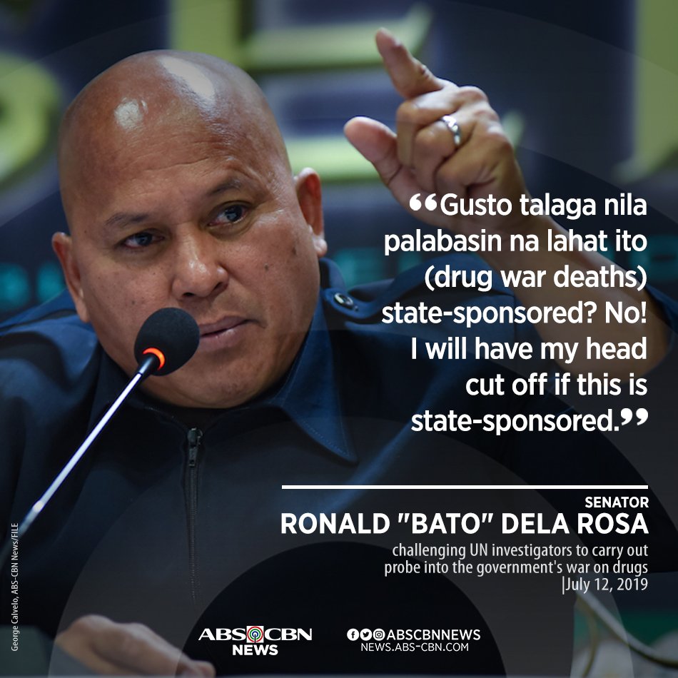Handang magpapugot si Sen. Bato dela Rosa kung mapapatunayang state-sponsored ang mga kaso ng EJK sa bansa.

Ito ay matapos sumang-ayon ang United Nations Human Rights Council sa resolusyong nanghihingi ng komprehensibong ulat sa sitwasyon ng human rights sa bansa.