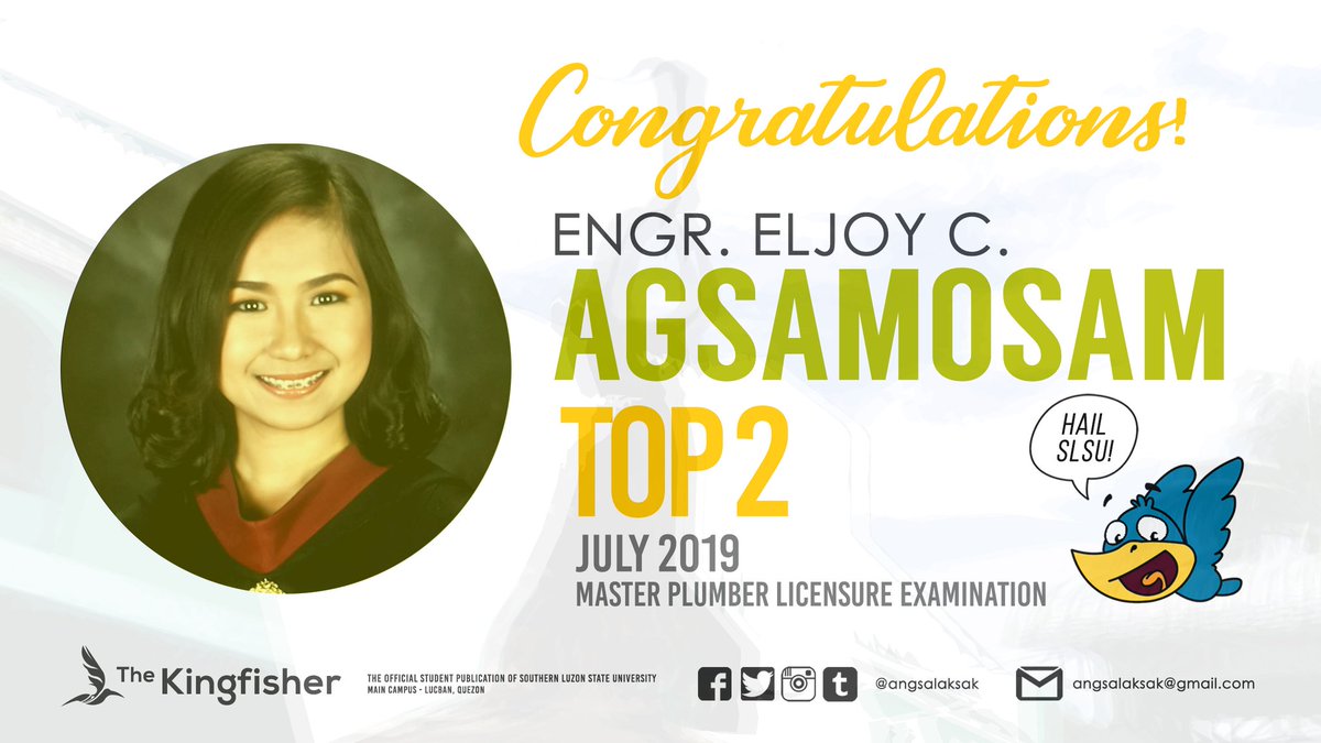 angsalaksak's tweet photo. Congratulations to Engr. Eljoy C. Agsamosam for ranking 2nd in the July 2019 Master Plumber Licensure Examination!
Padayon!
#HailSLSU
#TOP2 https://t.co/sH0l7r00pN