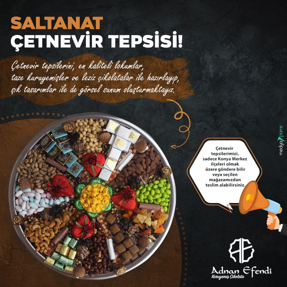 Beyzade Çetnevir tepsisi!
Tepsi içerisinde, kuruyemiş (antep fıstığı, fındık, tuzlu ve soslu fıstık), çikolata, draje badem şeker ve lokum çeşitleri bulunmaktadır.
Bu lezzet kombini şimdi adnanefendi.com.tr'de sizleri bekliyor!
#AdnanEfendi #Söz #Nişan #ÇetnevirTepsisi