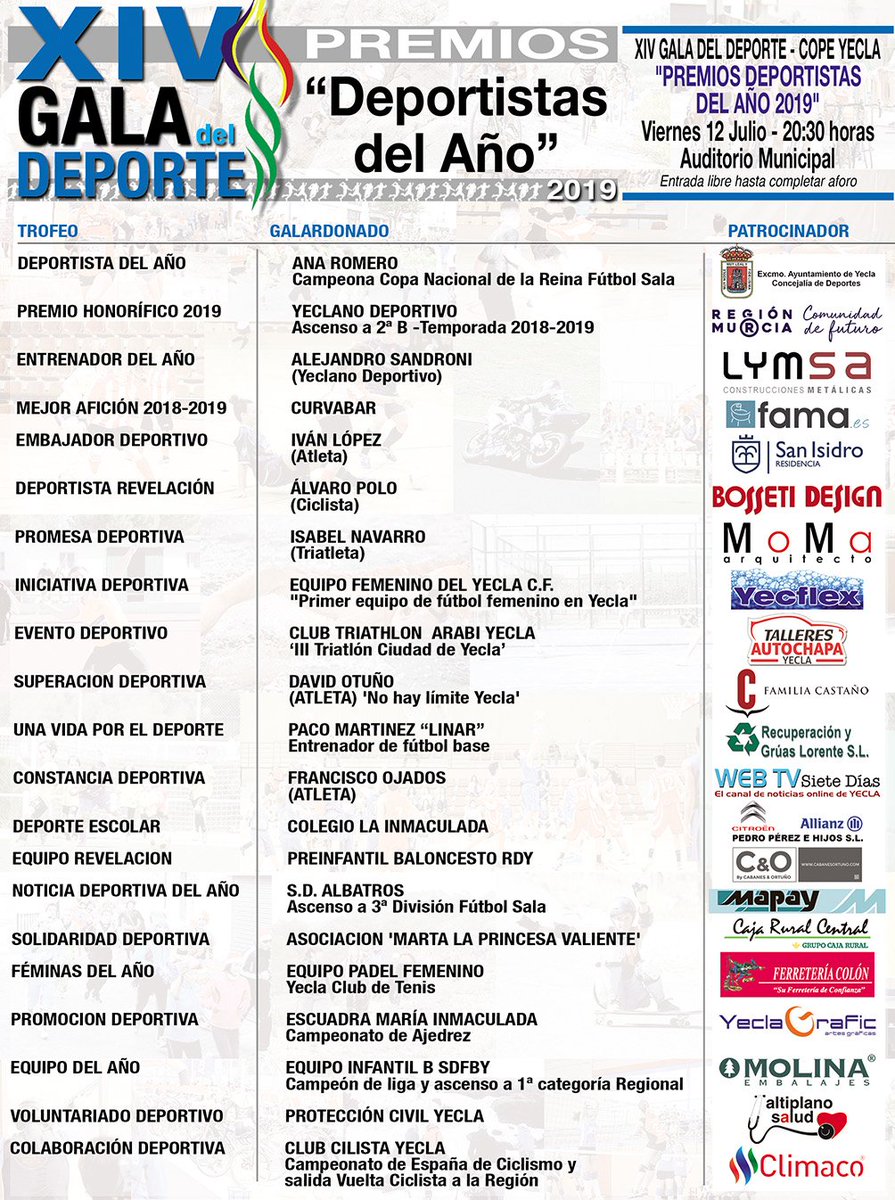 SieteDiasYecla's tweet photo. Esta tarde, a las 20:30 horas en el Auditorio Municipal, la gran fiesta del deporte de nuestra ciudad con la Gala 'Deportistas del Año' de COPE Yecla. Entrada libre hasta completar aforo. Te esperamos. https://t.co/erwmGKiqKh